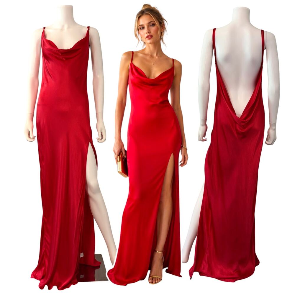 Meshki Jade Cowl Neck Backless Red Maxi Slip Dress Size XXL Goddess Glam Formal